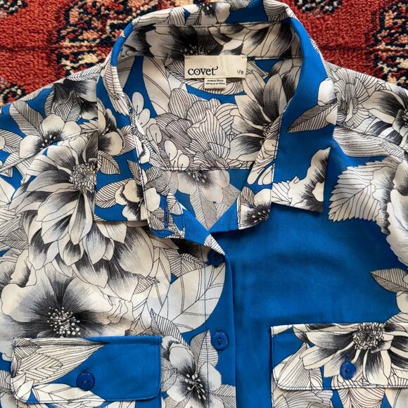 Covet L Azure Blue White Floral Print Long Sleeve Button Front Polyester Blouse - Picture 3 of 8